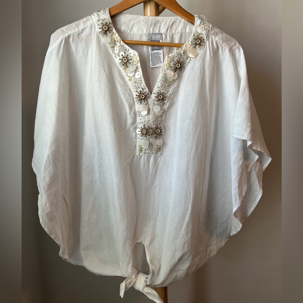 Chicos Boho Beaded Tie Front Blouse Linen Blend Beachy Top Soze Medium - Picture 2 of 8